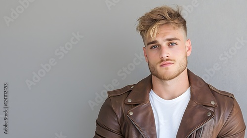 Obraz na płótnie Compelling portrait of a confident and chiseled male fashion model wearing a brown leather jacket layered over a casual white t shirt set against a gray background with a high end editorial aesthetic w salonie