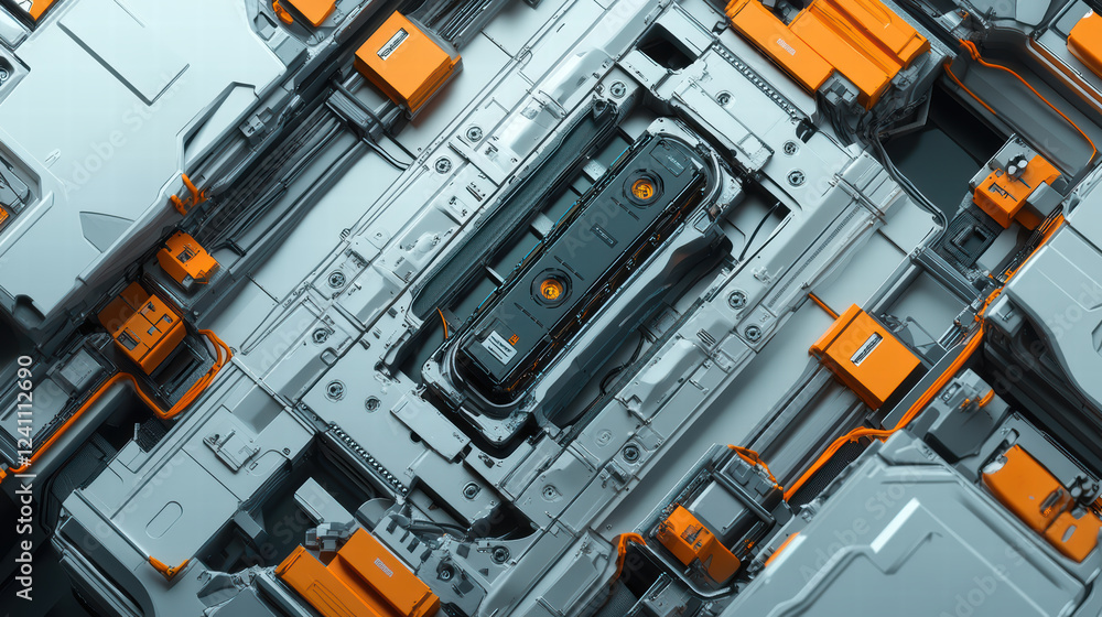 Close up of futuristic robotic assembly line featuring electric car battery. intricate design showcases metallic components and vibrant orange accents, highlighting advanced technology Close up of futuristic robotic assembly line featuring electric car battery. intricate design showcases metallic components and vibrant orange accents, highlighting advanced technology