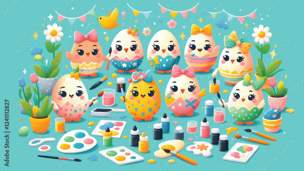 Egg Decorating Party, A group of anthropomorphic eggs with expressive faces painting and decorating themselves with bright patterns, bows, and glitter Egg Decorating Party, A group of anthropomorphic eggs with expressive faces painting and decorating themselves with bright patterns, bows, and glitter