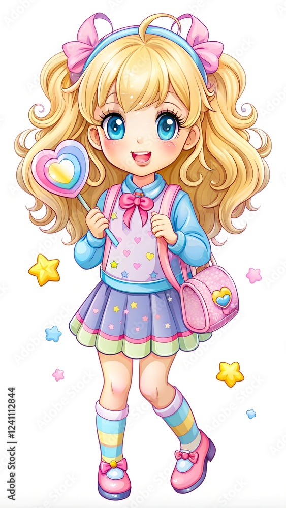 Adorable cartoon character of a girl with wavy blonde hair in playful ensemble, showcasing whimsical and cheerful vibe. Suitable for themes on youth, fun, and colorful artistic designs. Adorable cartoon character of a girl with wavy blonde hair in playful ensemble, showcasing whimsical and cheerful vibe. Suitable for themes on youth, fun, and colorful artistic designs.