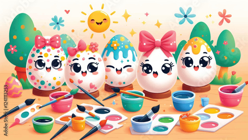 Egg Decorating Party, A group of anthropomorphic eggs with expressive faces painting and decorating themselves with bright patterns, bows, and glitter 