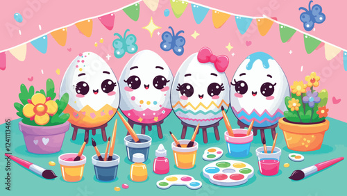 Egg Decorating Party, A group of anthropomorphic eggs with expressive faces painting and decorating themselves with bright patterns, bows, and glitter 