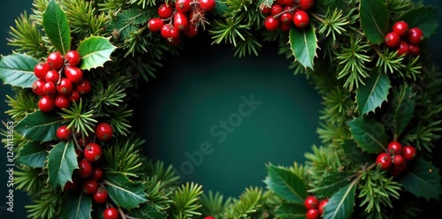 Wallpaper Mural Evergreen wreath adorned with bright red holly berries, holly, christmas Torontodigital.ca