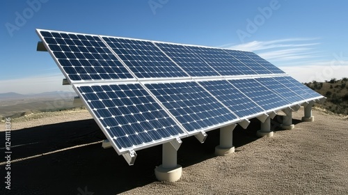 Solar Panel Array in Remote Location Under Clear Blue Sky