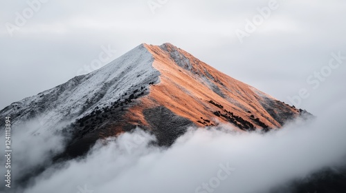 Stunning Mountain Peak Bathed in Orange Light Under Cloudy Sky