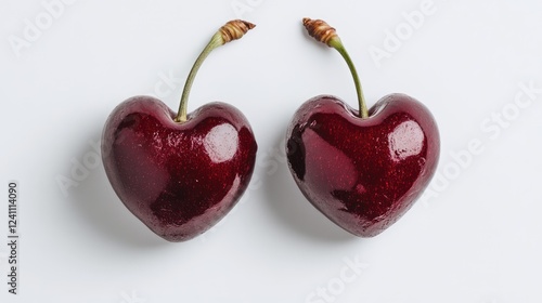 Two Heart-Shaped Cherries on White Background for Freshness Concept
