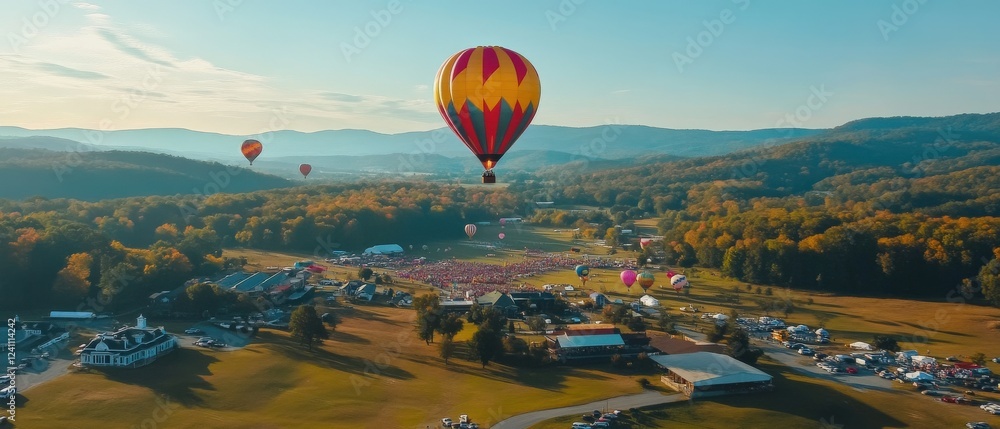 Fototapeta premium Colorful hot air balloons soar over scenic valley festival atmosphere autumn landscape aerial view adventure for all