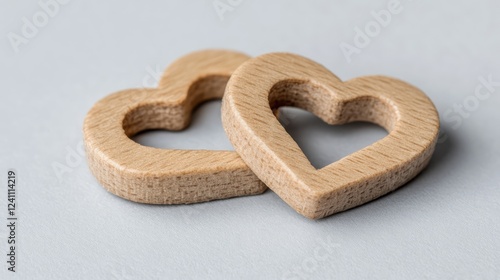 Two Interlocking Wooden Heart Shapes on Soft Gray Background
