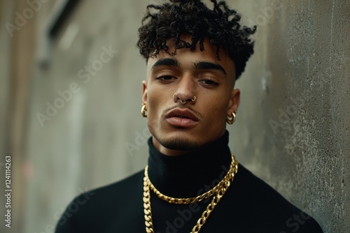 Fashion-Forward Man with Bold Jewelry A trendsetting man with a high-fashion look, featuring a single large hoop in his left ear and a bold bridge piercing across the top of his nose. His sleek black 