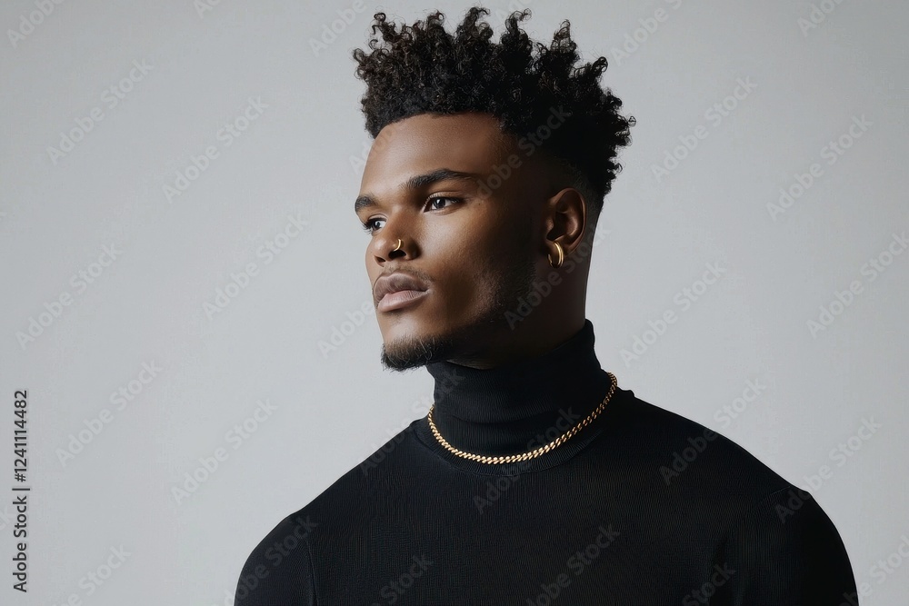 Obraz premium Fashion-Forward Man with Bold Jewelry A trendsetting man with a high-fashion look, featuring a single large hoop in his left ear and a bold bridge piercing across the top of his nose. His sleek black 