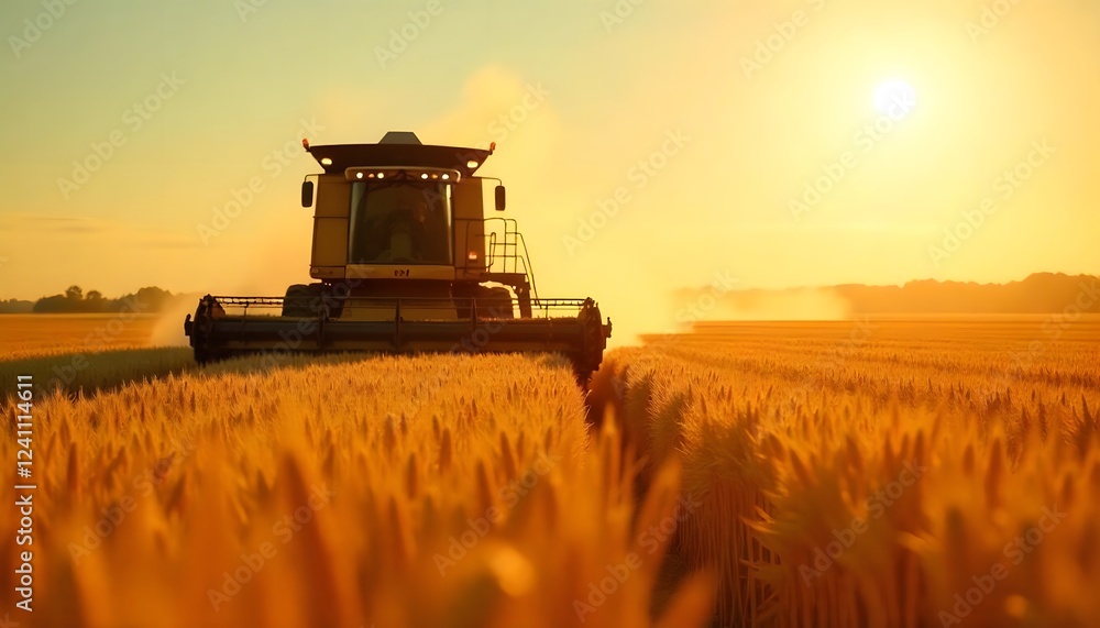 Fototapeta premium Golden Hour Harvest: A Combine Harvester Gathers Wheat at Sunset