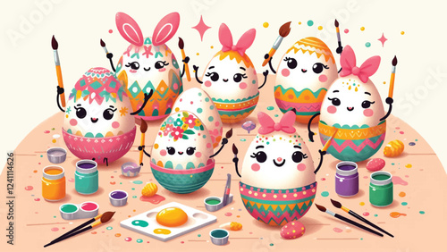 Egg Decorating Party, A group of anthropomorphic eggs with expressive faces painting and decorating themselves with bright patterns, bows, and glitter 