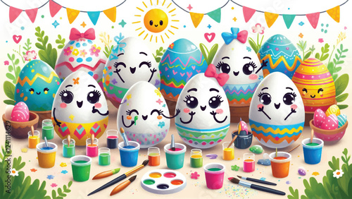 Egg Decorating Party, A group of anthropomorphic eggs with expressive faces painting and decorating themselves with bright patterns, bows, and glitter 