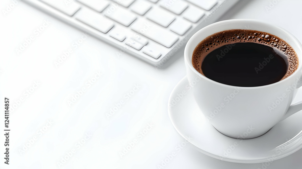 A steaming cup of black coffee on a sleek white surface next to a modern keyboard, ideal for work or relaxation. A steaming cup of black coffee on a sleek white surface next to a modern keyboard, ideal for work or relaxation.