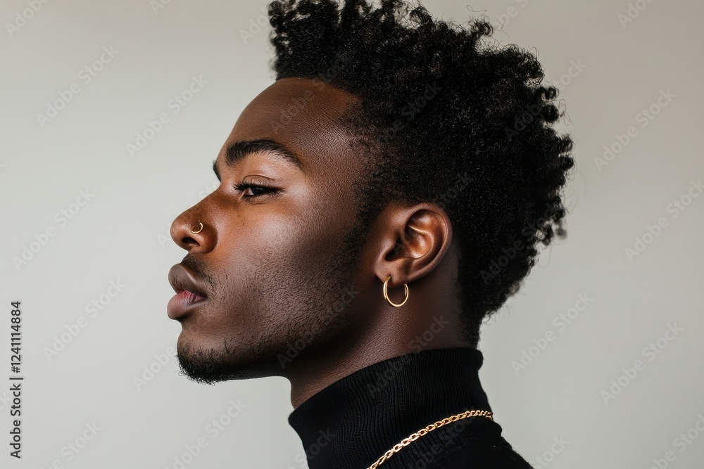 Obraz premium Fashion-Forward Man with Bold Jewelry A trendsetting man with a high-fashion look, featuring a single large hoop in his left ear and a bold bridge piercing across the top of his nose. His sleek black 