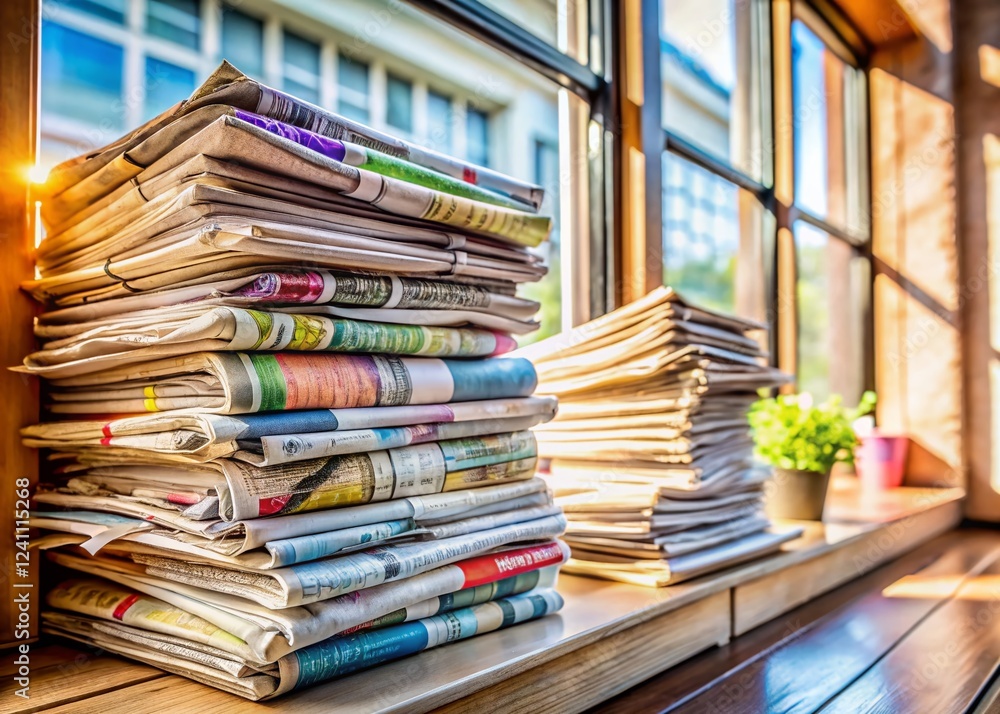 Fototapeta premium Long Exposure: Stacked Newspapers & Magazines Near Window, Business News Background