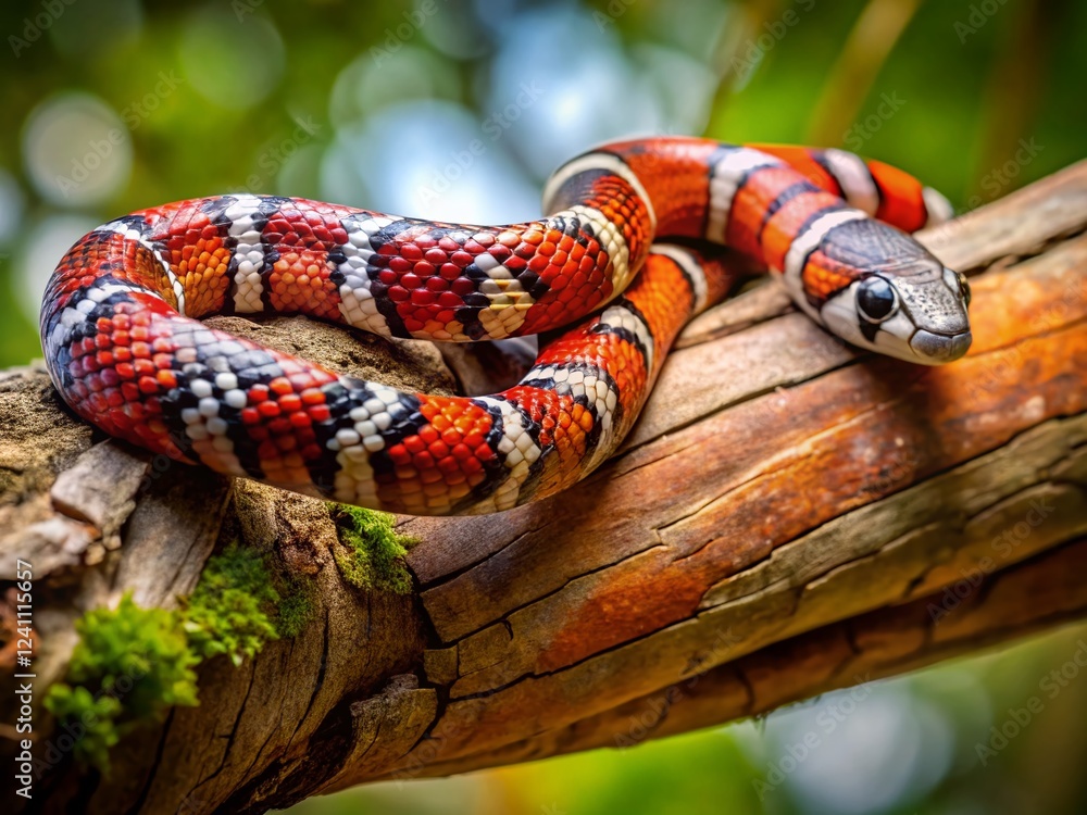 Naklejka premium Long Milk Snake Posing on Branch, Reptile Close Up, Copy Space Left