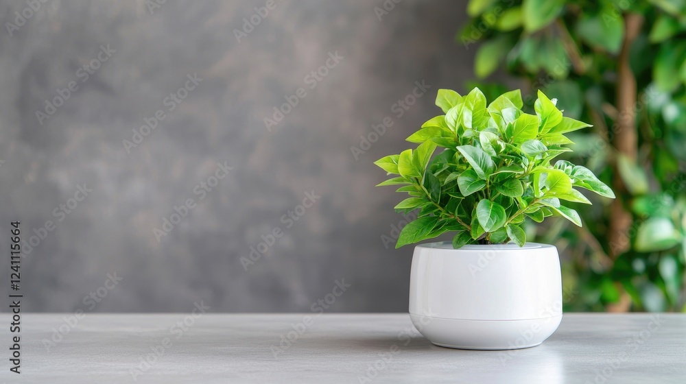 Potted plant on desk, grey wall background, home office Potted plant on desk, grey wall background, home office