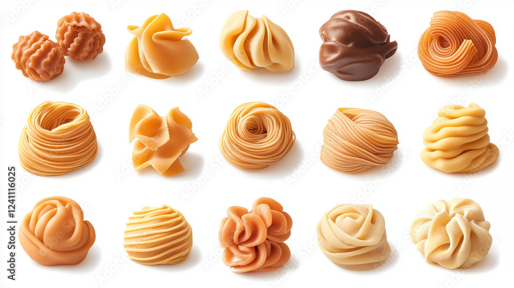 Handcrafted pasta in various shapes and colors, showcasing culinary artistry and creativity Handcrafted pasta in various shapes and colors, showcasing culinary artistry and creativity