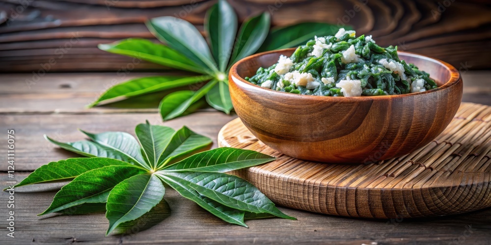 Ravitoto served in a wooden bowl, cassava leaves, culinary art, cassava leaves