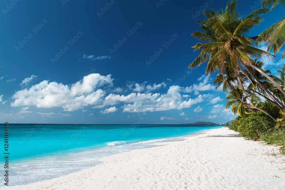 Fototapeta premium Sandy beach with coconut palm trees in the turquoise sea on Paradise island. Royalty high-quality free best stock of Panoramic beach landscape. Inspire tropical beach seascape horizon, Summer vacation