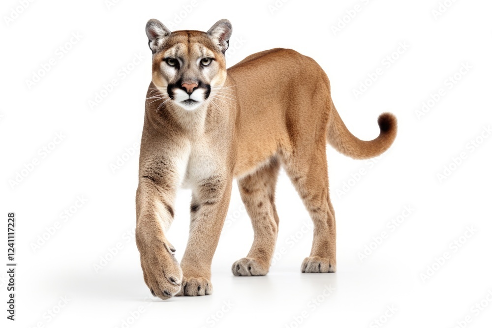 Obraz premium Majestic Male Cougar Walking - Isolated Wildlife Predator on White Background (3:2 ratio)