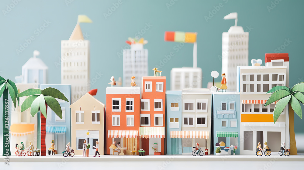 A stunning paper-craft miniature diorama of a summer cityscape, showcasing layered paper skyscrapers, whimsical houses, and palm trees made of delicate folded paper. The streets are alive with tiny A stunning paper-craft miniature diorama of a summer cityscape, showcasing layered paper skyscrapers, whimsical houses, and palm trees made of delicate folded paper. The streets are alive with tiny