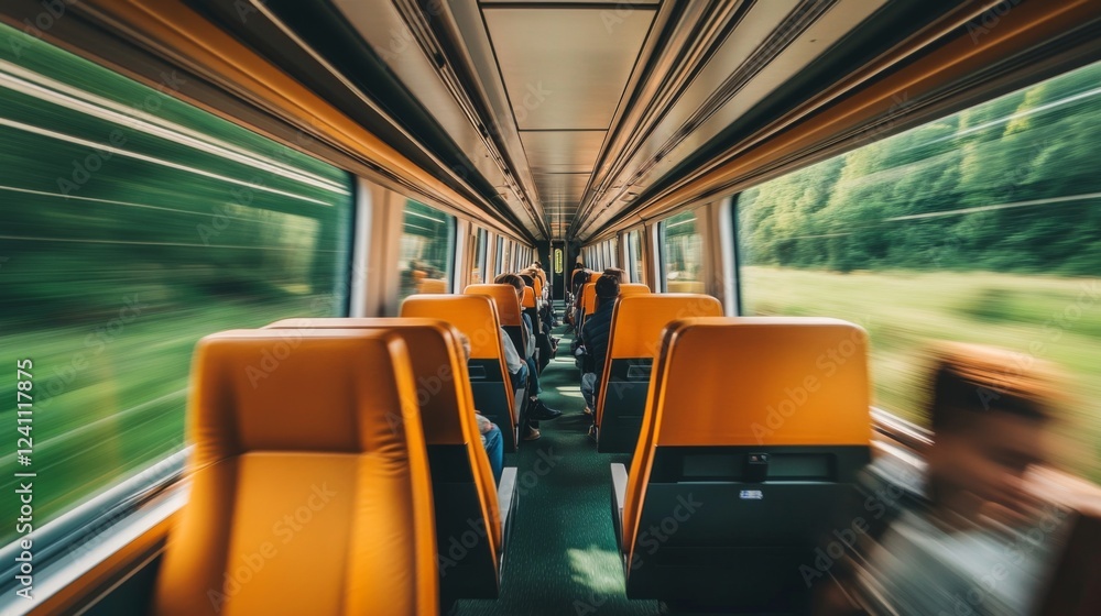 Fototapeta premium An interior shot of a high-speed train cabin, featuring comfortable seating, large windows, and passengers enjoying the smooth ride, highlighting a luxurious travel experience.