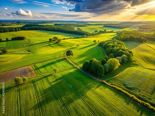 Lush Green Meadow Border, Uneven Terrain, Aerial Drone View
