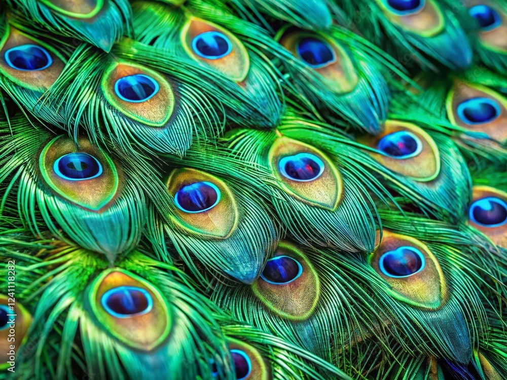 Obraz premium Lush Green Peacock Feather Texture: Panoramic Close-Up Wallpaper Background