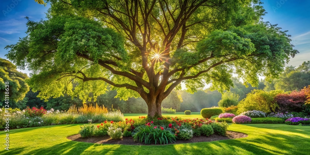 Fototapeta premium Lush Green Tree in Vibrant Garden, Sunny Day, Natural Sunlight, Outdoor Backdrop, Perfect for Landscaping and Gardening Websites