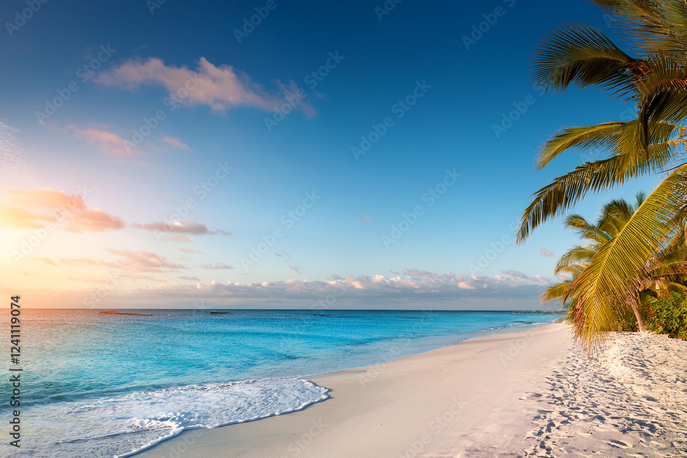 Sandy beach with coconut palm trees in the turquoise sea on Paradise island. Royalty high-quality free best stock of Panoramic sunrise landscape. Inspire tropical seascape horizon, Summer vacation Sandy beach with coconut palm trees in the turquoise sea on Paradise island. Royalty high-quality free best stock of Panoramic sunrise landscape. Inspire tropical seascape horizon, Summer vacation