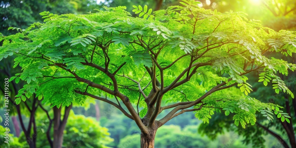 Fototapeta premium Moringa tree with large, vibrant green leaves and sturdy branches in a lush forest environment, tree