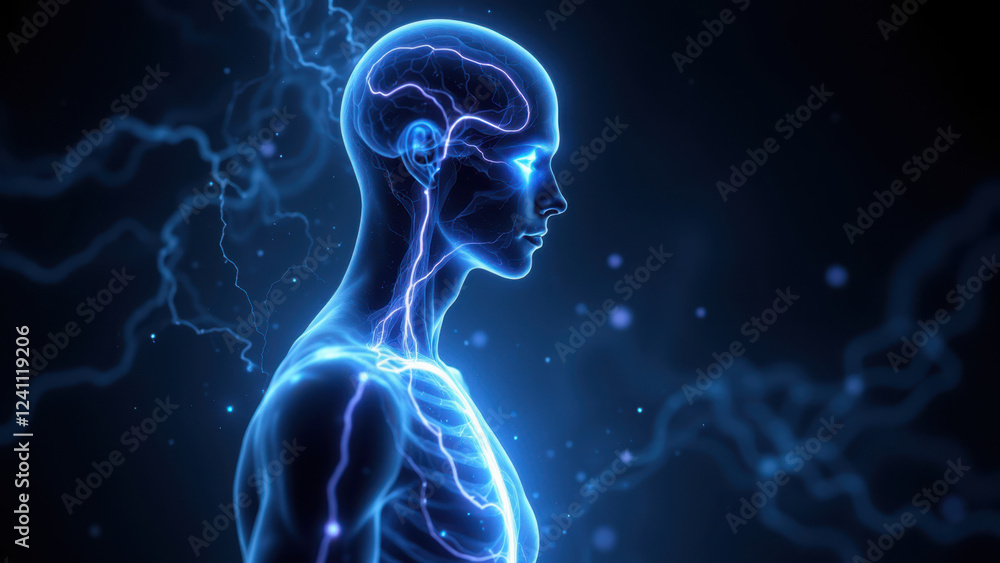 VNS, Vagus Nerve Stimulation depicted with a human head and neck highlighted against a blue background with electric arcs. VNS, Vagus Nerve Stimulation depicted with a human head and neck highlighted against a blue background with electric arcs.
