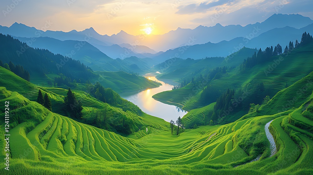 Sunset over lush terraced rice fields, mountain lake, travel poster Sunset over lush terraced rice fields, mountain lake, travel poster