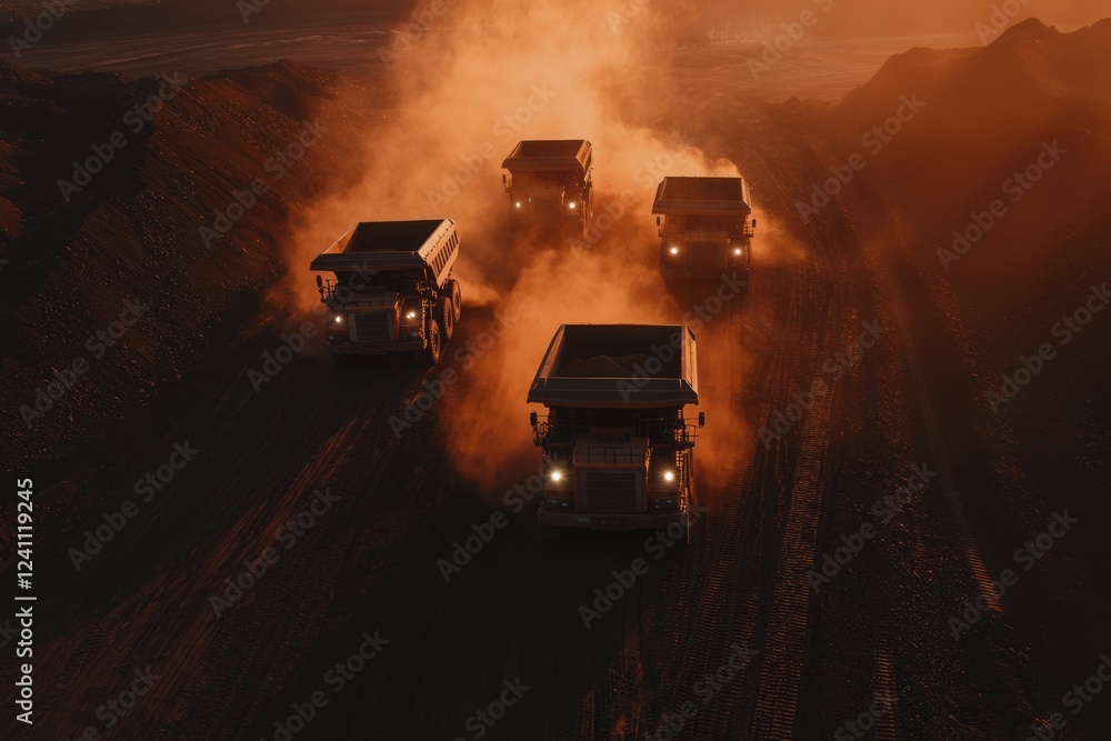 Mining Trucks Convoy at Sunset Dust Trails Mining Trucks Convoy at Sunset Dust Trails