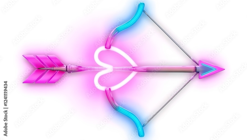 Stylized neon bow and arrow featuring a glowing pink heart shaped center, blue highlights, and vibrant pink and blue arrow details. Stylized neon bow and arrow featuring a glowing pink heart shaped center, blue highlights, and vibrant pink and blue arrow details.