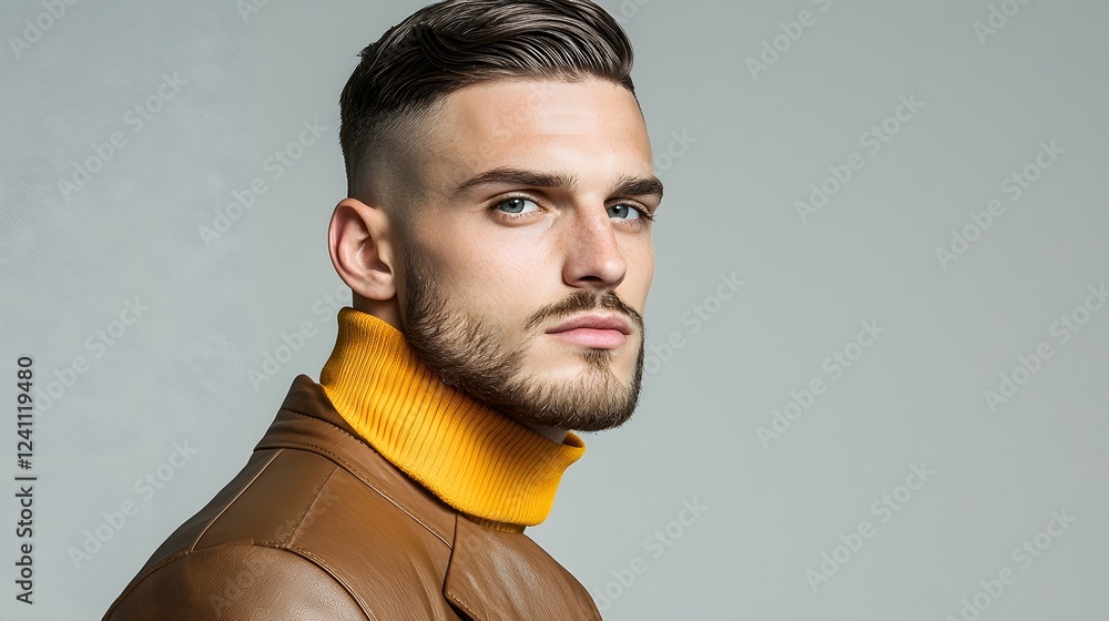 Editorial style portrait of a confident stylish man wearing a structured brown leather jacket with defined shoulders and a sleek undercut hairstyle set against a minimalist gray studio background