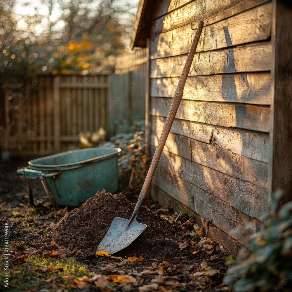 Rustic Garden Scene with Shovel, Wheelbarrow and Freshly Dug Soil Rustic Garden Scene with Shovel, Wheelbarrow and Freshly Dug Soil