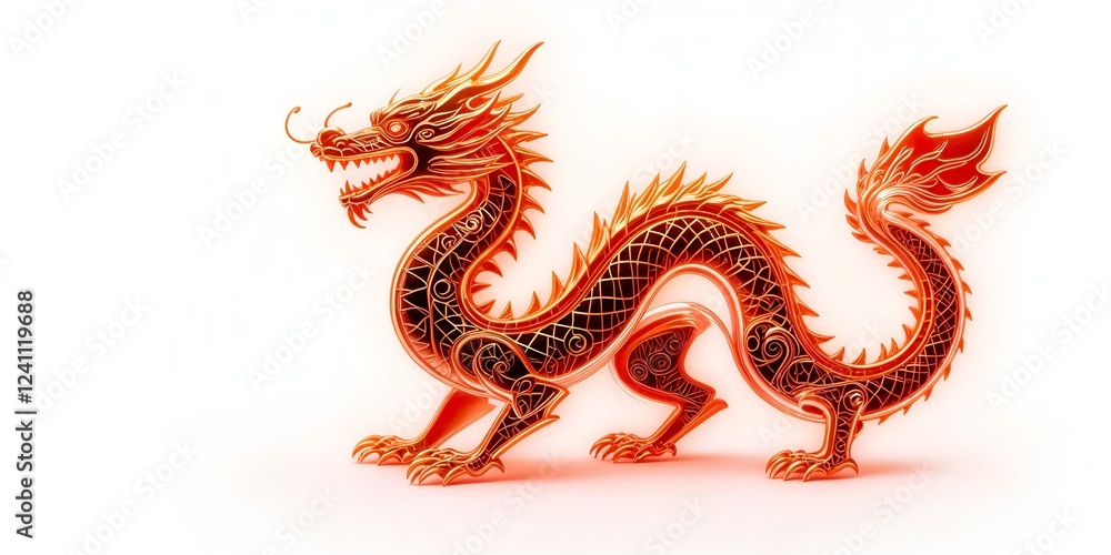 Fototapeta premium A vibrant dragon rendered in red and orange with intricate geometric designs, a fiery tail, spiked mane, and glowing highlights on a white background.