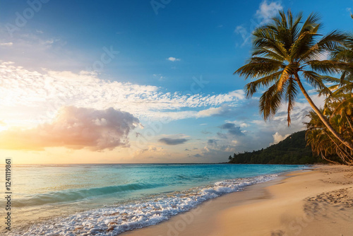 Wallpaper Mural Sandy beach with coconut palm trees in the turquoise sea on Paradise island. Royalty high-quality free best stock of Panoramic sunrise landscape. Inspire tropical seascape horizon, Summer vacation Torontodigital.ca