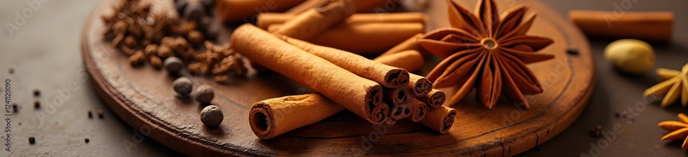 Aromatic spices including cinnamon sticks, star anise, and peppercorns rest on a rustic wooden platter, showcasing intricate natural details and earthy tones. Aromatic spices including cinnamon sticks, star anise, and peppercorns rest on a rustic wooden platter, showcasing intricate natural details and earthy tones.