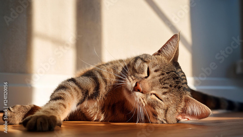 A Cat Stretching Lazily in the Morning Sunlight, Framed Using the Rule of Thirds to Create a Relaxed, Balanced Composition        