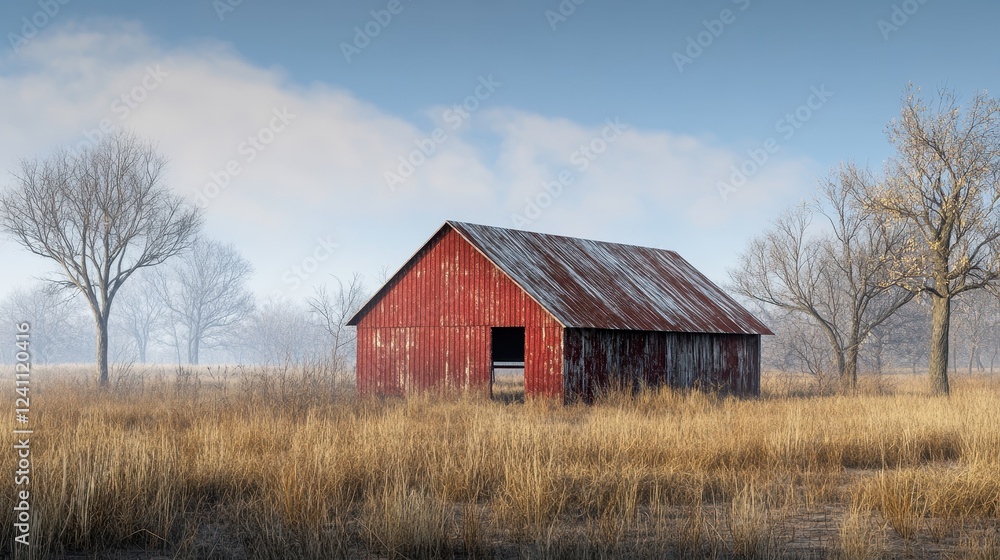 Rustic Red Barn in a Winter Field Landscape Rustic Red Barn in a Winter Field Landscape