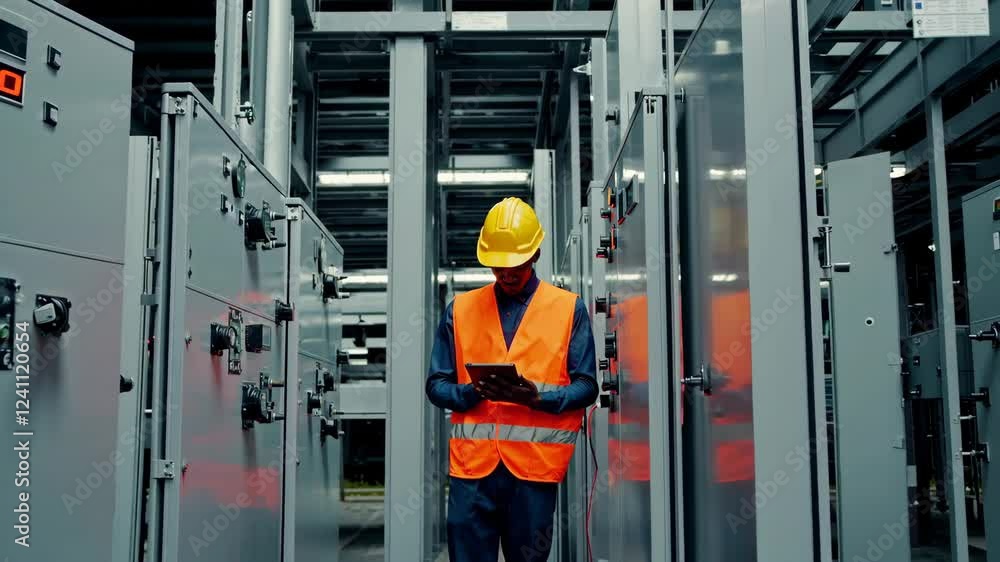 engineer testing electrical panels in a power substation, focusing on energy distribution maintenance engineer testing electrical panels in a power substation, focusing on energy distribution maintenance