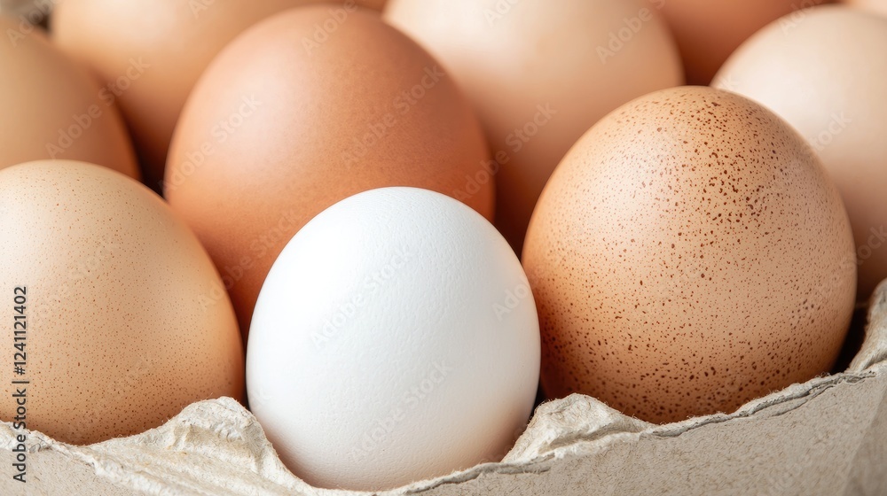 White egg among brown eggs in carton. Food photography for recipe blogs White egg among brown eggs in carton. Food photography for recipe blogs