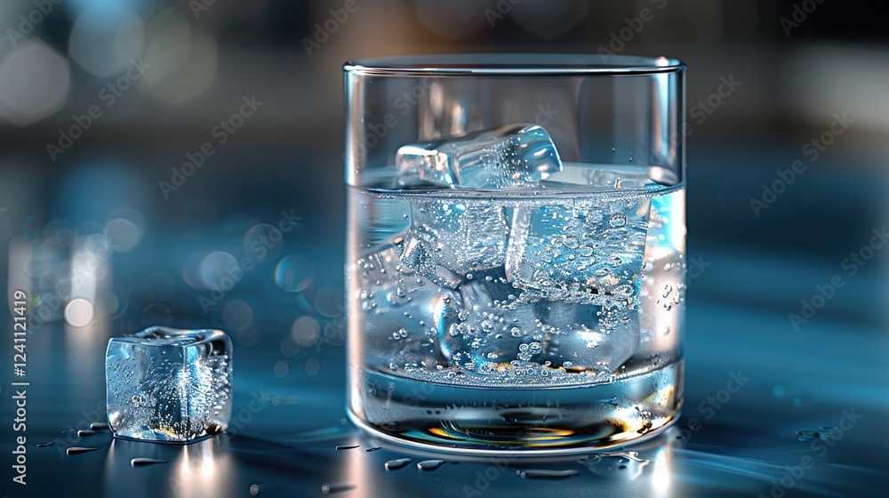Glass of water with ice cubes on a blue background. Minimalistic and refreshing. Perfect for health and hydration concepts. HD 8K wallpaper Photographic Image Glass of water with ice cubes on a blue background. Minimalistic and refreshing. Perfect for health and hydration concepts. HD 8K wallpaper Photographic Image