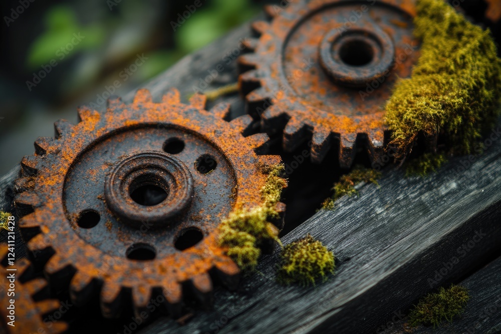 Rusty gears interlocked, covered in moss, resting on weathered wood. Rusty gears interlocked, covered in moss, resting on weathered wood.