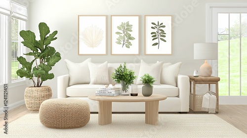 A bright  modern living room featuring a cozy white sofa  decorative plants  a wooden coffee table  and art prints on the walls.