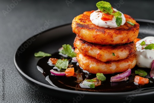 Artistic Presentation of Delicious Aloo Tikki on a Black Plate photo